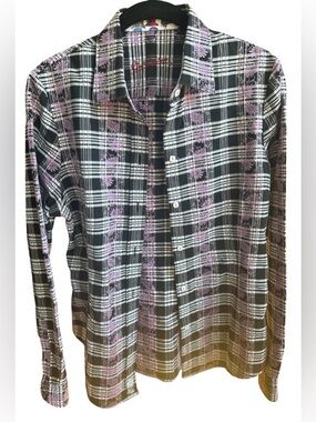 💜Robert Graham Black & Lavender Plaid Cotton Women's Button-Up Blouse🖤